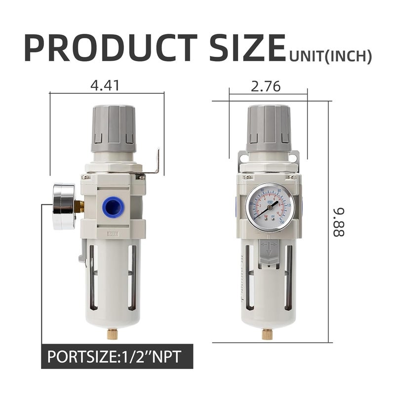 LNCHKA Air Compressor Water Separator Filter 1/2" NPT 150 PSI,Compressed Filter Regulator Combo,5 Micron Moisture Trap for Pneumatic Tools - Image 3